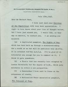 Letter from H. G. Wells to Herbert Read, July 13, 1943 thumbnail