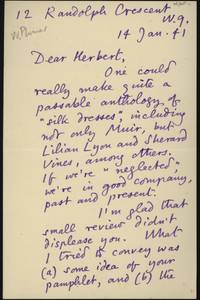 Letter from William Plomer to Herbert Read, January 14, 1941 thumbnail
