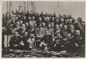 Photograph of a group of officers or nobles includes Konstantine Abkhazi with Czar in 1913 thumbnail