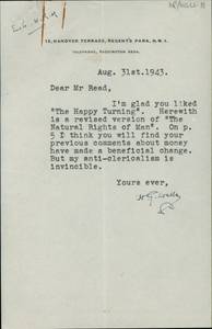 Letter from H. G. Wells to Herbert Read, August 31, 1943 thumbnail