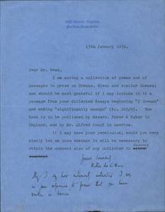 Letter from Walter de la Mare to Herbert Read, January 13, 1939 thumbnail